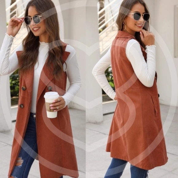 Waterfall button long pocket Vest jacket - rust - Picture 2 of 3